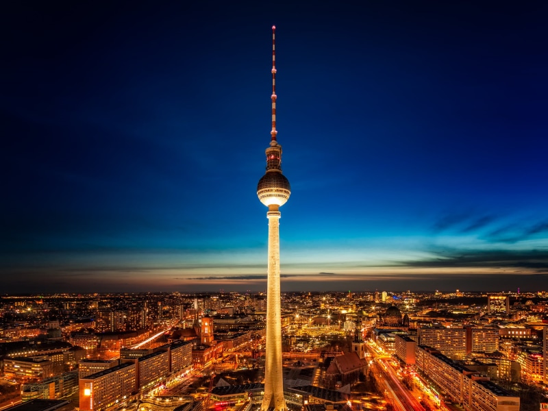 cityscape, Fernsehturm, sky, HDR Photography, 1080P, Light, dusk, urban Skyline, tower, skyscraper, downtown District, Night, Square, built Structure