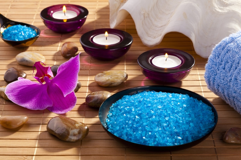 relaxation, no people, candle, fire, purple, three, wood - material, aromatherapy, spa treatment, sea salt, plant, 5K, tea light, table, still life, close-up