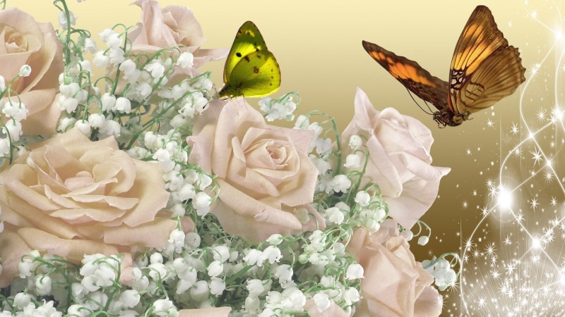 summer, butterflies, 3d and, romantic, roses, glow, lily of the valley, shine, sparkles, stars, flowers, 1080P, apricot
