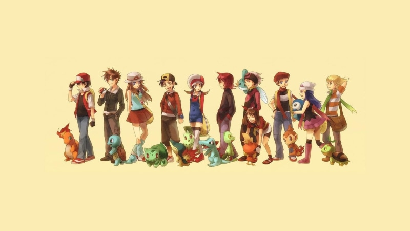 Starter Pokemon, yellow background, Squirtle (Pokémon), Charmander (Pokémon), group of people, Turtwig (Pokémon), Treecko (Pokémon), colored background