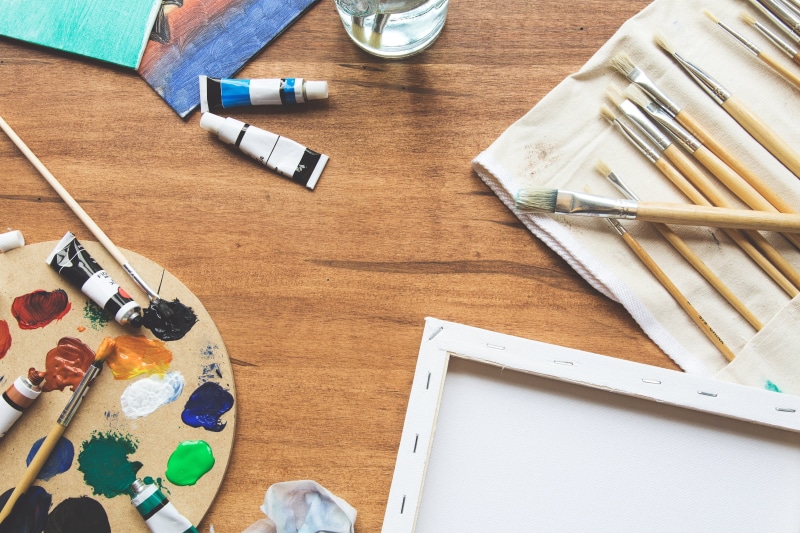brush, large group of objects, creativity, no people, watercolor paints, 4K, Flatlay, supplies, high angle view, Arts, art and craft, Education, wood - material