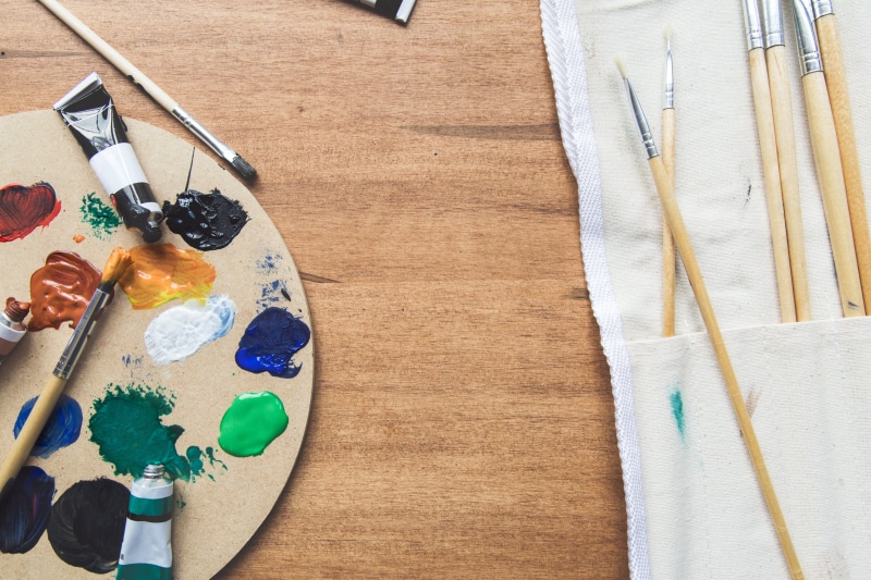 4K, watercolor paints, wood - material, Flatlay, Wood, choice, art and craft equipment, craft, art and craft, Craft/DIY, high angle view, brush, no people