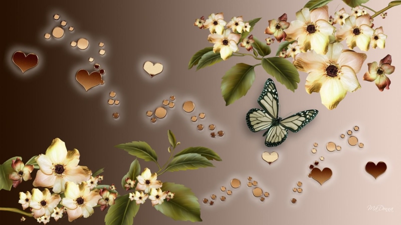 butterfly, heart, leaves, hearts, 3d and abstract, vine, bronze, 1080P, flowers, brown, abstract