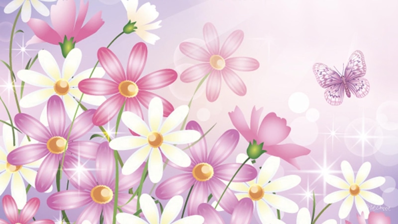 wildflowers, lavender, daisy, 1080P, 3d and abstract, gerberas, pastel, pink, spring, flowers, butterfly