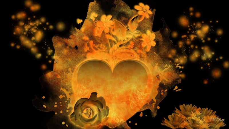 valentines day, fire, abstract, 1080P, 3d and abstract, orange, illustration, flame, smoke, roses, flowers, love, heart
