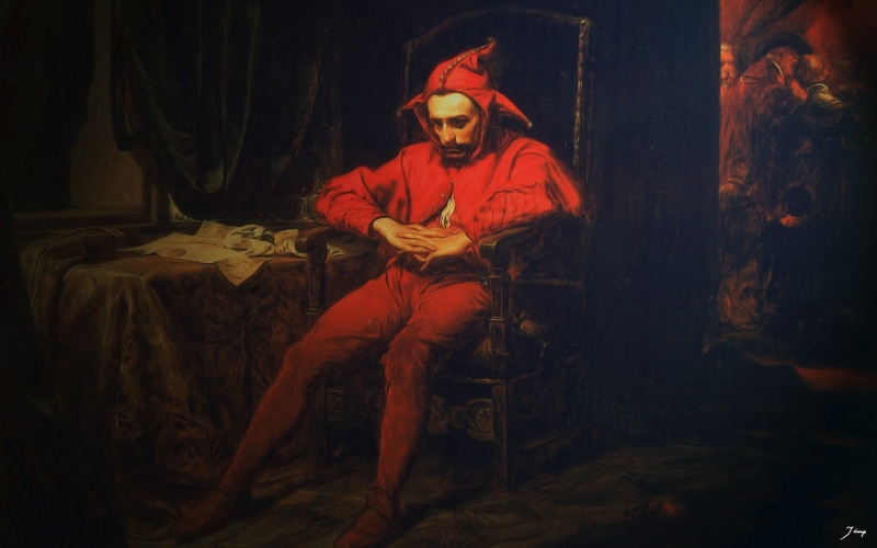 clothing, digital art, celebration, leisure activity, men, adult, indoors, seat, jester, red, costume, 720P, full length, one person, young adult, Stańczyk
