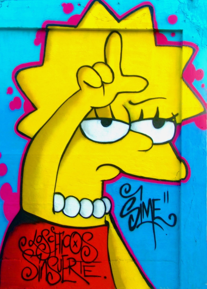 no people, red, maggie, artwork, representation, mural, l, text, illustration, communication, western script, spray paint, paint, street art, blue, simpsons