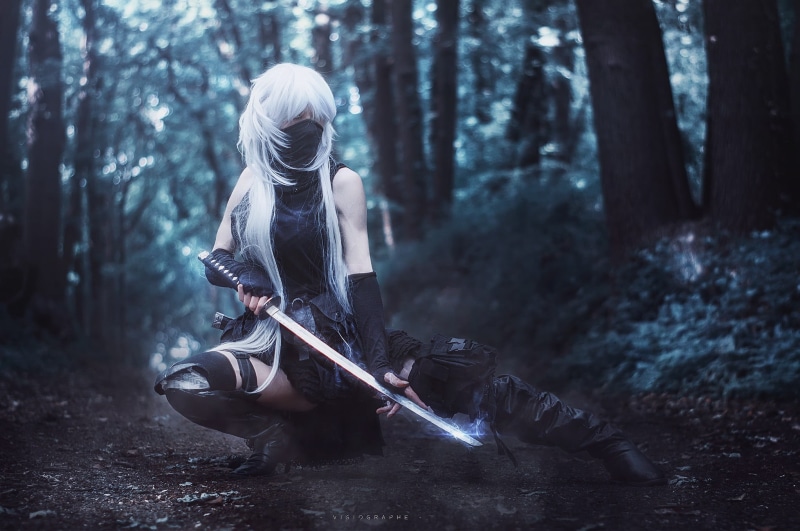 woodland, cosplay, plant, hair, 1080P, women, real people, outdoors, aggression, holding, white, day, adult, focus on foreground, land, costume, leisure activity