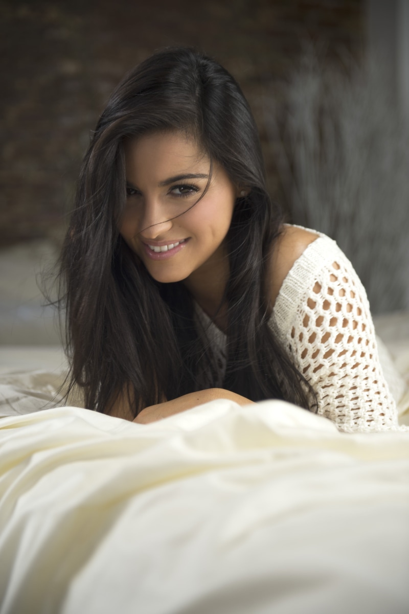 straight hair, smiling, portrait, toothy smile, emotion, hairstyle, teeth, 4K, young adult, white sweater, black hair, beauty, actress, hair in face, Maite Perroni