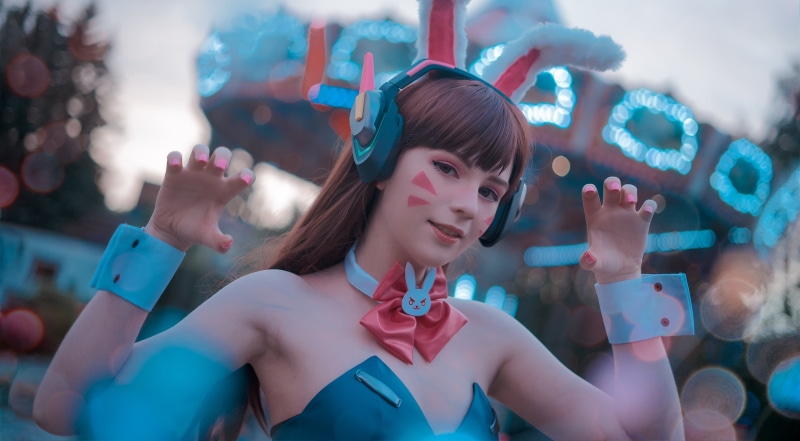 D.Va (Overwatch), cleavage, women, brunette, bare shoulders, model, smiling, Overwatch, cosplay, outdoors, video game girls, long hair, bokeh, costumes