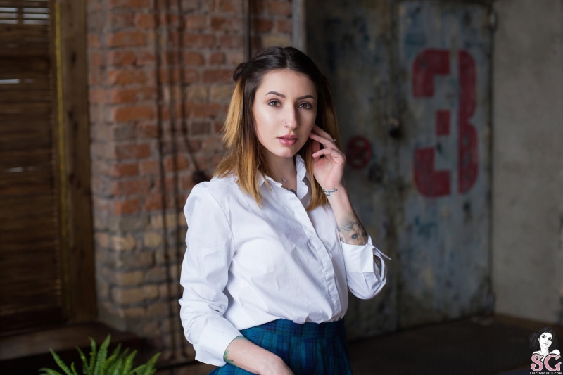 lifestyles, women, indoors, tattoo, Anastasia Shibaeva, casual clothing, shirt, hair, brick, beautiful woman, 2K, necklace, brunette, model, wall, looking at viewer