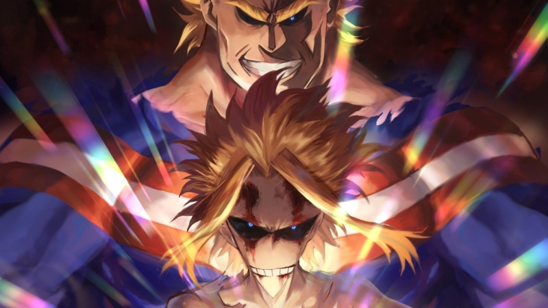front view, Anime, close-up, All Might, Blonde, Man, young women, Blue Eyes, young adult, motion, low angle view, shiny, art and craft, celebration, real people