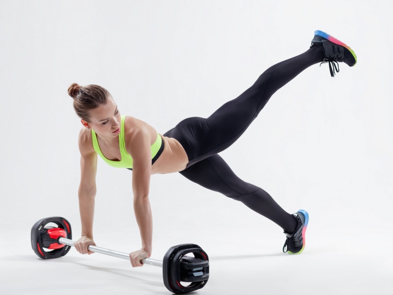 figure, fitness, sports, sneakers, white background, girl, tights, hairstyle, 5K, makeup, rod, training, pose, slim, topic, exercise