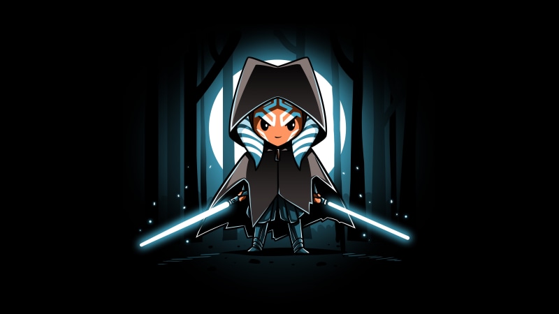 artwork, The Mandalorian, Ahsoka Tano, lightsaber, Star Wars, Jedi, black background, 5K, minimalism, cloaks