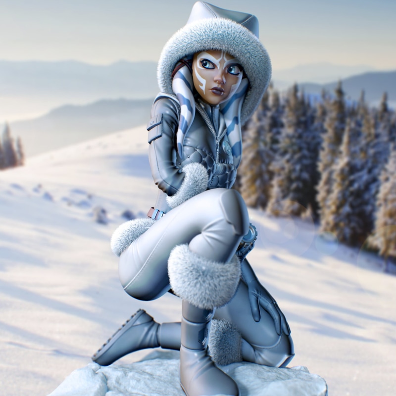 render, Ahsoka Tano, Jedi, CGI, 1080P, science fiction, Star Wars Heroes, looking away, cold, winter, snow, Star Wars