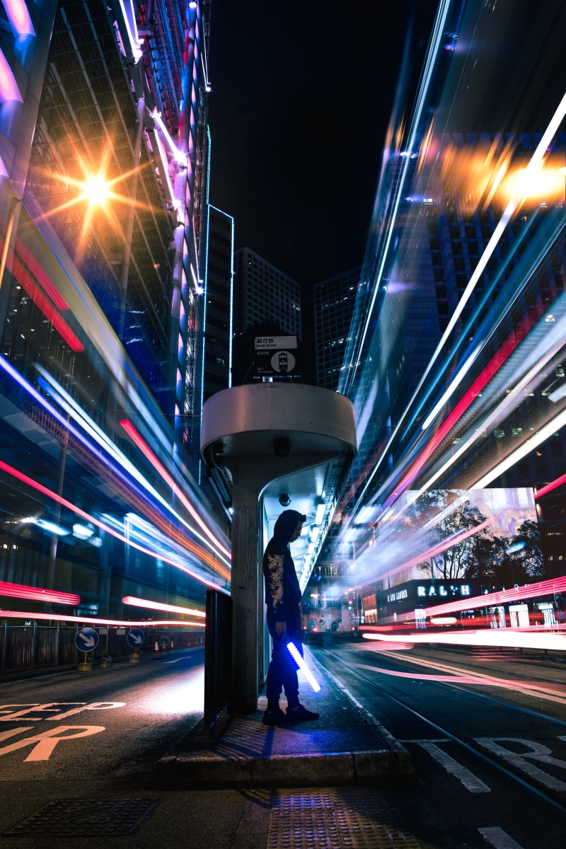 cityscape, town, real people, standing, night life, hong kong, night, meal, street, person, downtown, tower, road, metropolis, 5K, speed, building exterior