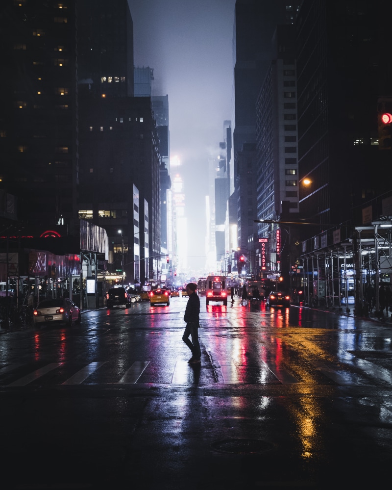 traffic, rain, building exterior, building, outdoors, new york, city life, light, office building exterior, skyscraper, wet, happy, night, dark, car, vehicle