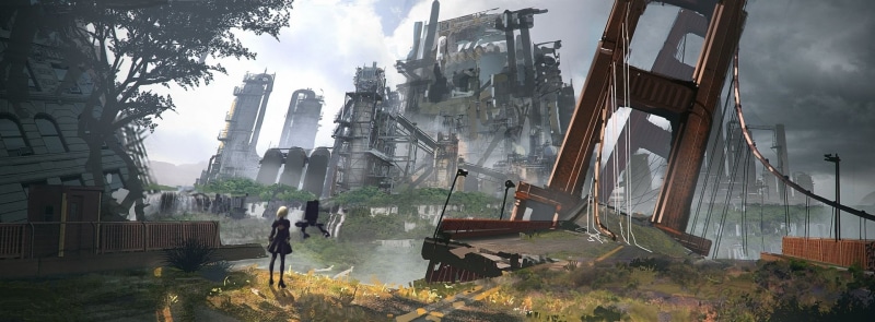 plant, Black Dress, Dress, men, religion, building, cloud - sky, Abandoned, water, architecture, adult, Robot, digital, Short Hair, YoRHa No.2 Type B