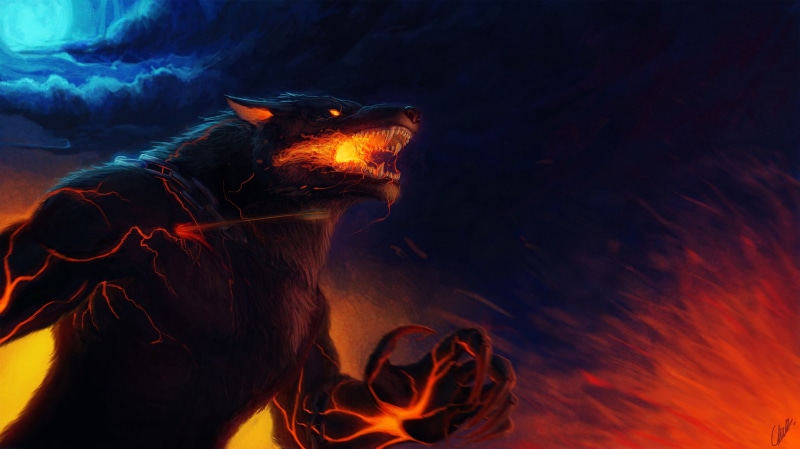 mater, pain, wolf, werewolf, claws, wounded, predator, Cherchen99, wool, flame, the full moon, rage, burning eyes, fangs, art, mouth, 2K, cloudy night