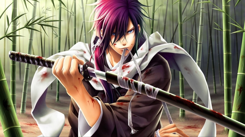 front view, japan, guy, people, three quarter length, bamboo, katana, dyed hair, sword, adult, women, man, anime, blood, females, saito hajime, real people