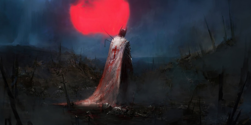 1080P, moon, red moon, templar, dark, armor, wounded, fantasy art, warrior, digital art, artist, Chris Cold, fantasy, battlefield, night, knight, armored