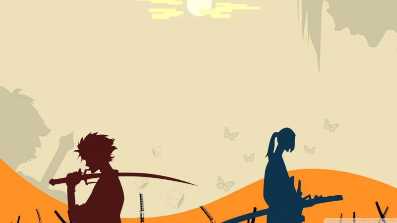art and craft, anime, standing, Mugen, real people, leisure activity, creativity, 1080P, outdoors, sky, waist up, sunset, Samurai Champloo, group of people
