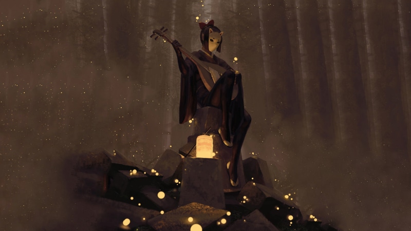 rocks, fox mask, biwa, 4K, forest, Japanese kimono, lantern, digital art, kimono