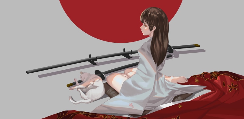 adult, japanese flag, 4K, weapon, anime girls, beauty, kimono, indoors, one person, dress, glamour, clothing, sitting, fashion, young adult, studio shot