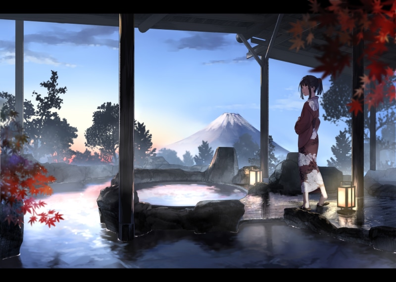 onsen, kimono, Anime, mountain, anime girl, japanese hot spring, 2K