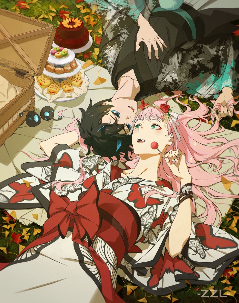 Darling in the FranXX, horns, green eyes, Zero Two (Darling in the FranXX), blue eyes, pink hair, black hair, Japanese kimono, 5K, Code:016 (Hiro), long
