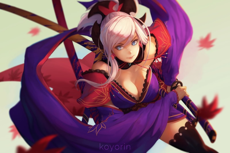 Fate/Grand Order, Japanese kimono, white hair, Sky blue eyes, 720P, katana, Miyamoto Musashi (fate/grand order)