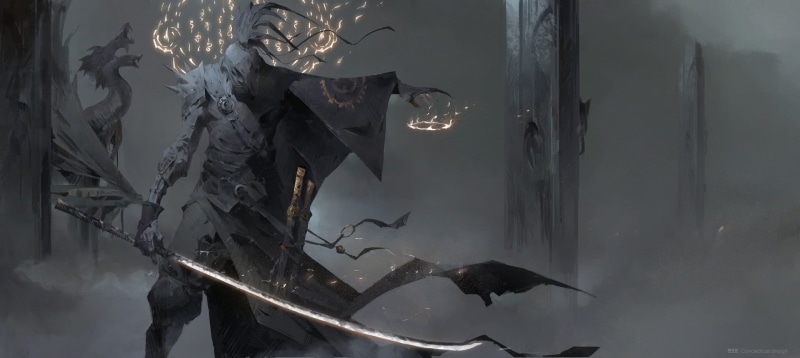 monochrome, dragon, 1080P, fantasy art, samurai, katana, weapon