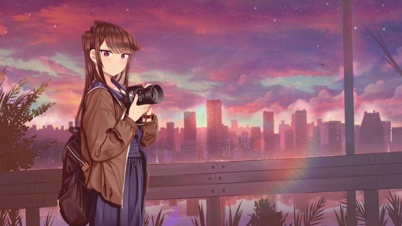 bridge, sunset, Comyushou desu., cityscape, 4K, Komi-san wa, bag, outdoors, camera