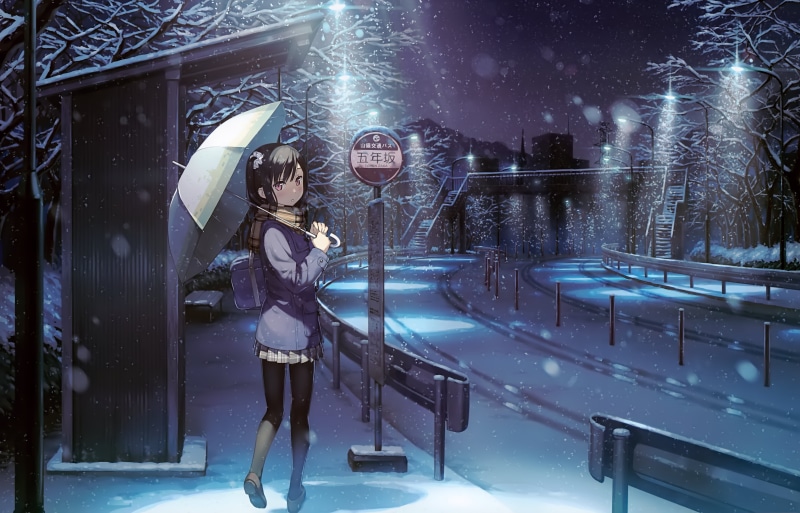 Winter, Girl, Short Hair, Anime, Bridge, Night, Brown Hair, Umbrella, Snowfall, Snow, Bus Stop, Bag, Scarf, 4K, Road, Original