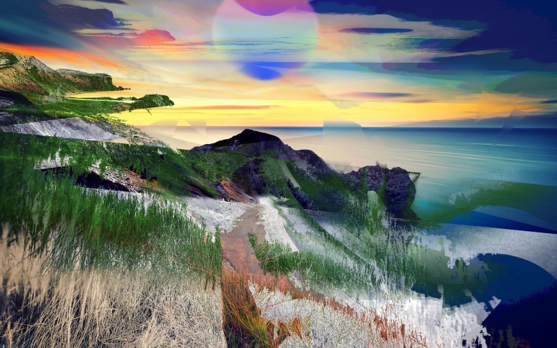 beauty in nature, photo manipulation, scenics - nature, ocean, sea, glitch art, field, tranquil scene, non-urban scene, grass, idyllic, sky, rainbow, sunset