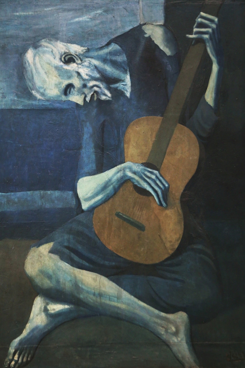painting, artwork, guitarist, Pablo Picasso, guitar, 2K, blue, old people