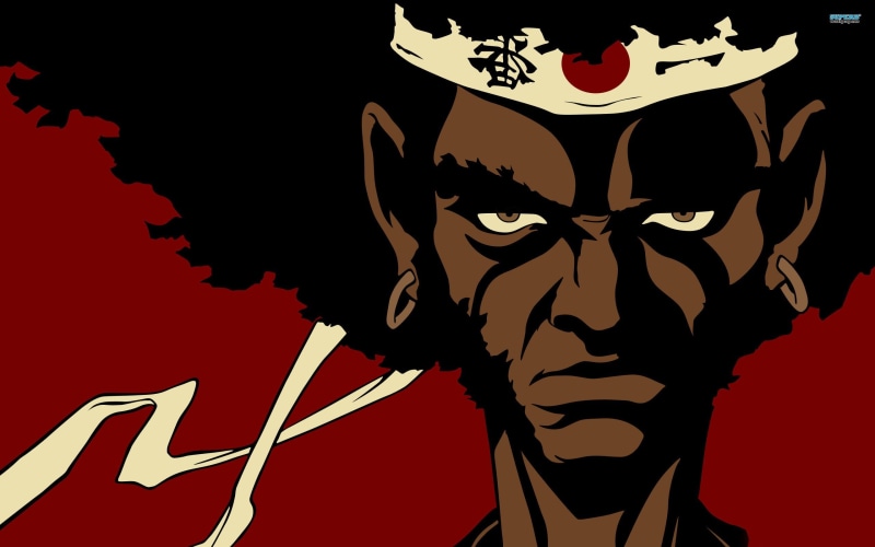 communication, text, 2K, Afro Samurai, close-up, colored background, art and craft, wall - building feature, studio shot, digital, human representation