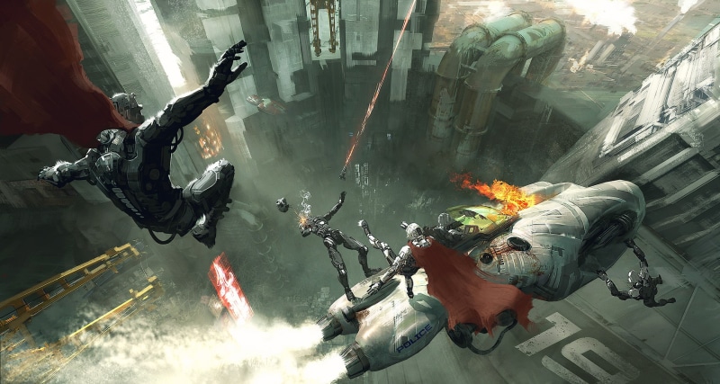 1080P, science fiction, artwork, futuristic, futuristic city, painting, concept art, fighting, cyberpunk, digital art, robot, Joakim Ericsson, cyborg