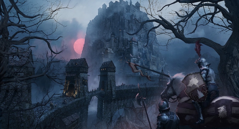 castle, 1080P, fantasy art, digital art, Sun, knight, warrior, Joakim Ericsson, shield, horse, medieval