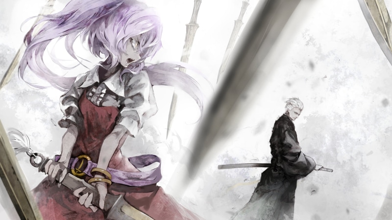 purple, female, statue, Watatsuki no Yorihime, holding, haired, character, wearing, nature, yellow eyes, video games, long hair, art and craft, architecture