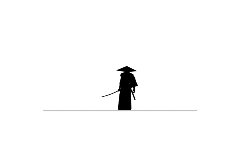 studio shot, one person, samurai, parasol, 2K, minimalism, men, nature, sky, human representation, hat, silhouette, occupation, outdoors, holding, clear sky