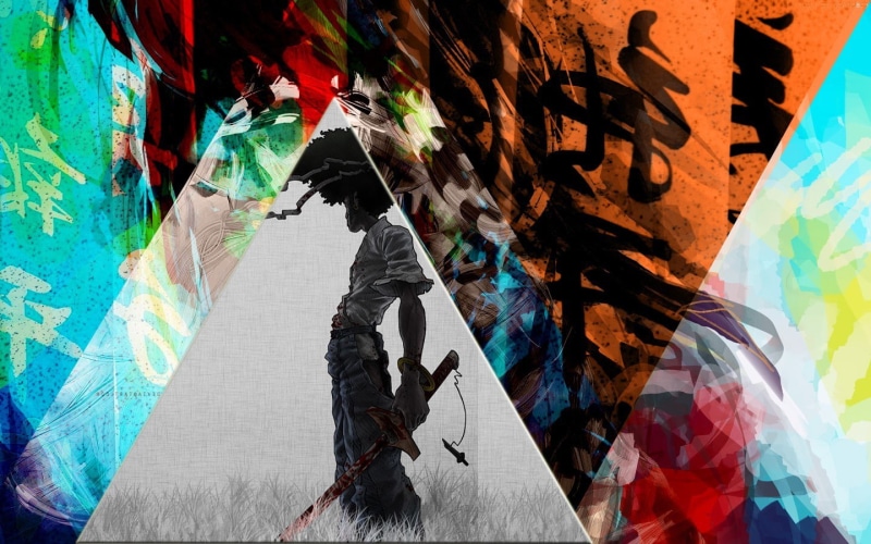 creativity, lifestyles, samurai, Mixed Martial Arts, Chinese, walking, art and craft, Katana, paint, multi colored, men, indoors, Afro Samurai, shadow