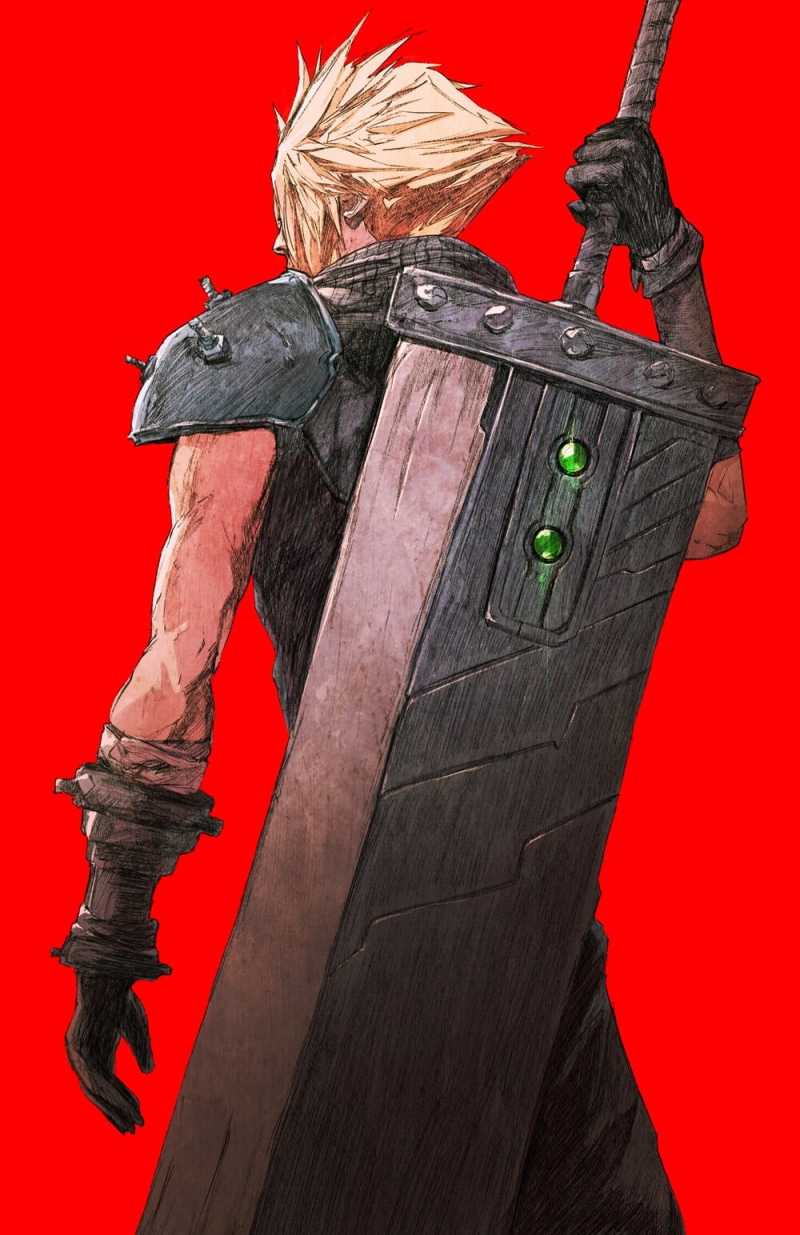720P, artwork, Cloud Strife, Chun Lo, Final Fantasy VII, simple background, red background