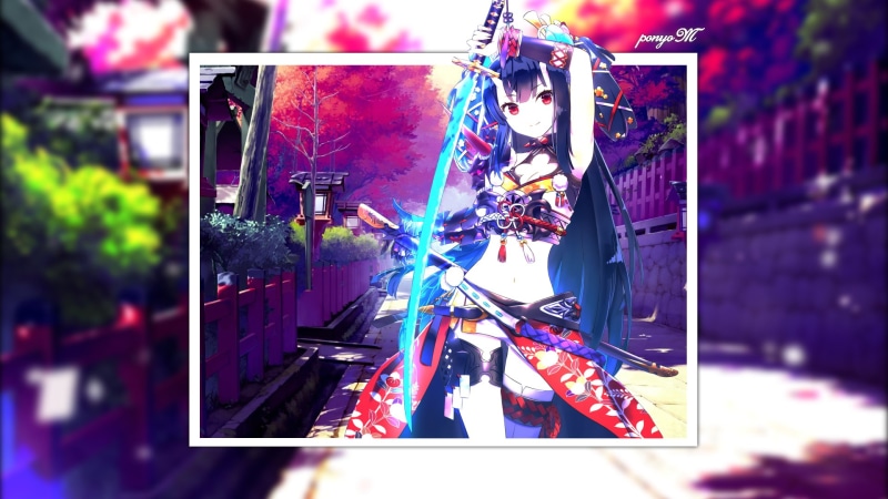 artwork, simple background, built structure, close-up, selective focus, katana, celebration, for sale, focus on foreground, anime girls, outdoors, auto post production filter