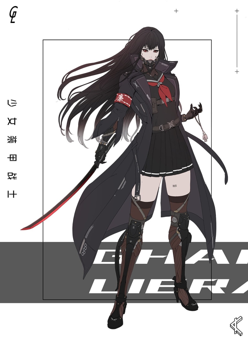 cyberpunk, front view, digital art, women, digital composite, dark hair, katana, concept art, artwork, full length, fashion, red, black color, holding