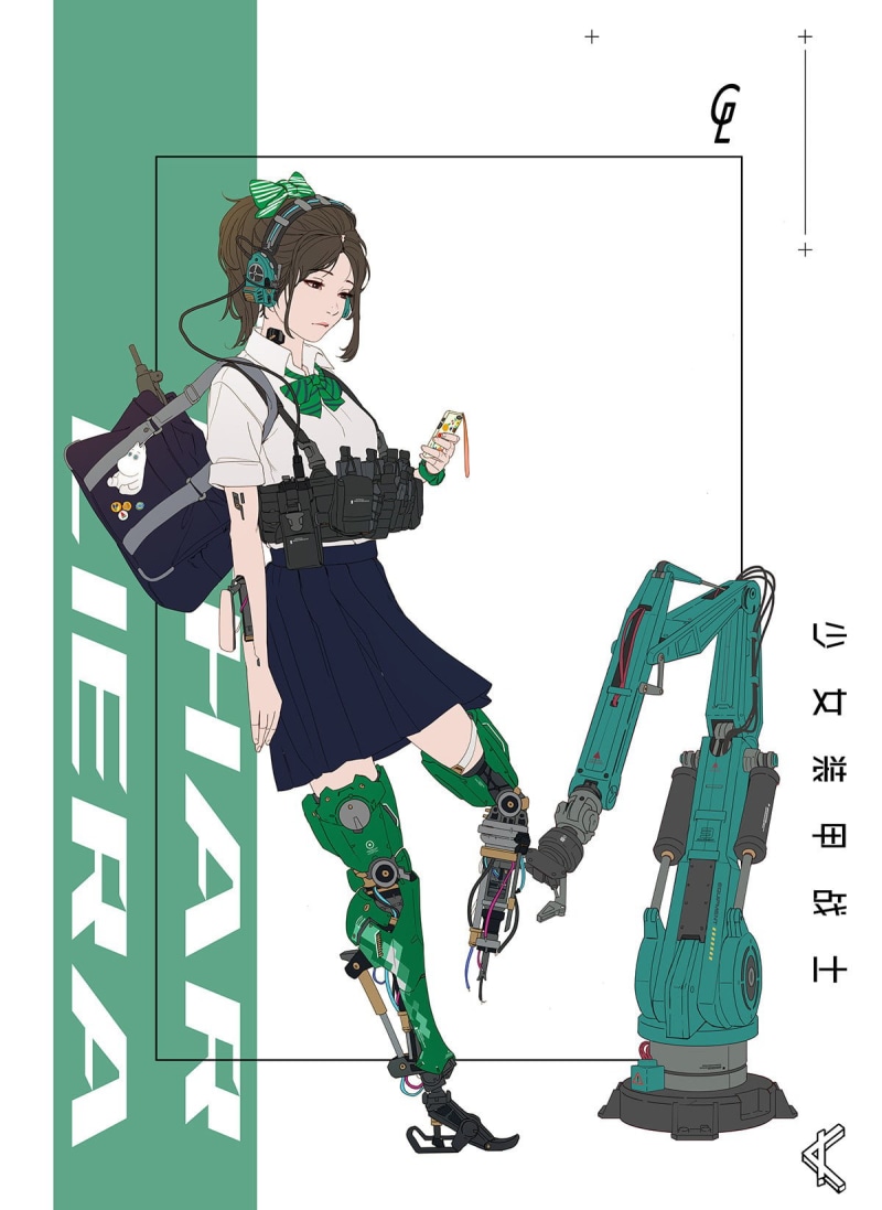 women, bow-tie, artwork, headphones, digital art, handbags, cyborg, schoolgirl, cyberpunk, 720P, concept art, Park JunKyu