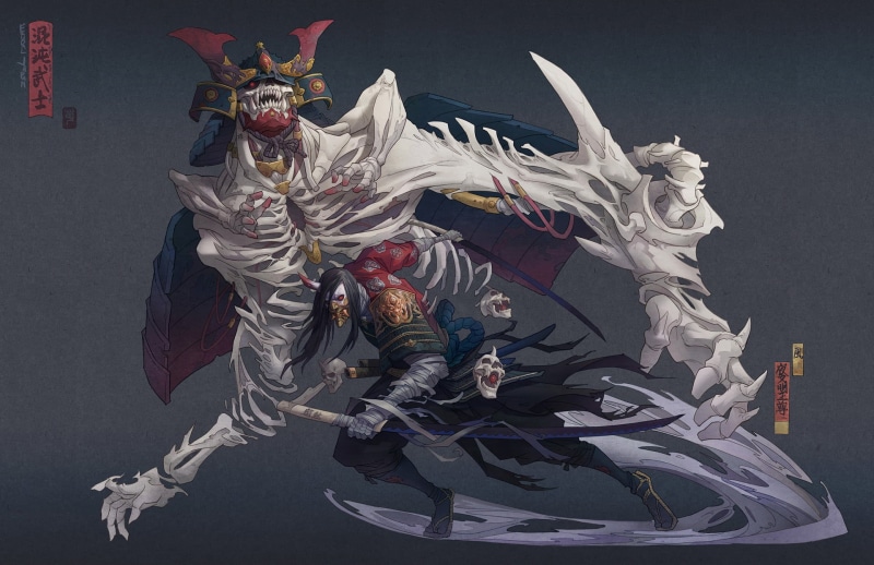 creature, men, skull, mask, digital art, helmet, samurai, 1080P, skeleton, fantasy art, tie, Hua Lu, drawing, armor
