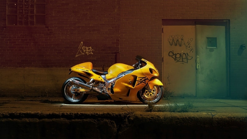Hayabusa, crash helmet, city, architecture, mode of transportation, wall, yellow, building exterior, side view, scooter, helmet, sport, 1080P, superbike