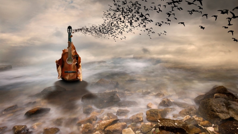 black, birds, outdoors, animal themes, motion, cloud - sky, solid, flying, stones, beauty in nature, photo manipulation, landscape, digital composite, religion
