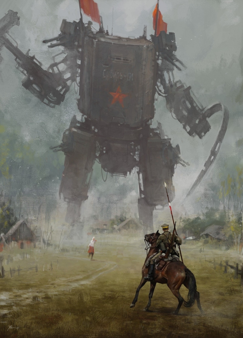 one person, 1920, mode of transportation, day, domestic animals, science fiction, painting, motion, horseback riding, livestock, alternative history, Jakub Różalski